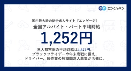 国内最大級の総合求人サイト『エンゲージ』アルバイト・パート募集時平均時給調査(2024年10月度)