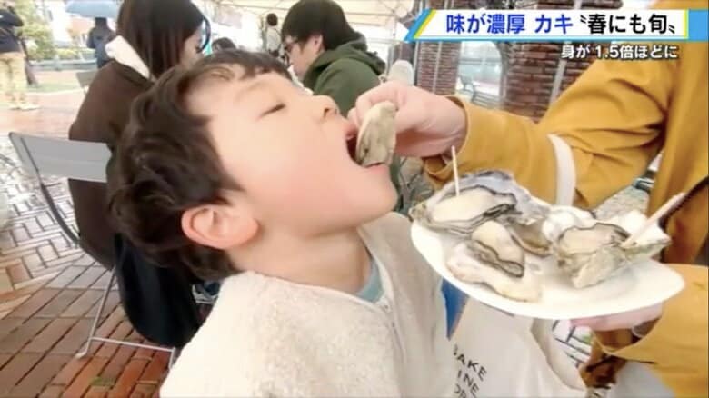カキ祭りで焼きガキをほおばる来場者