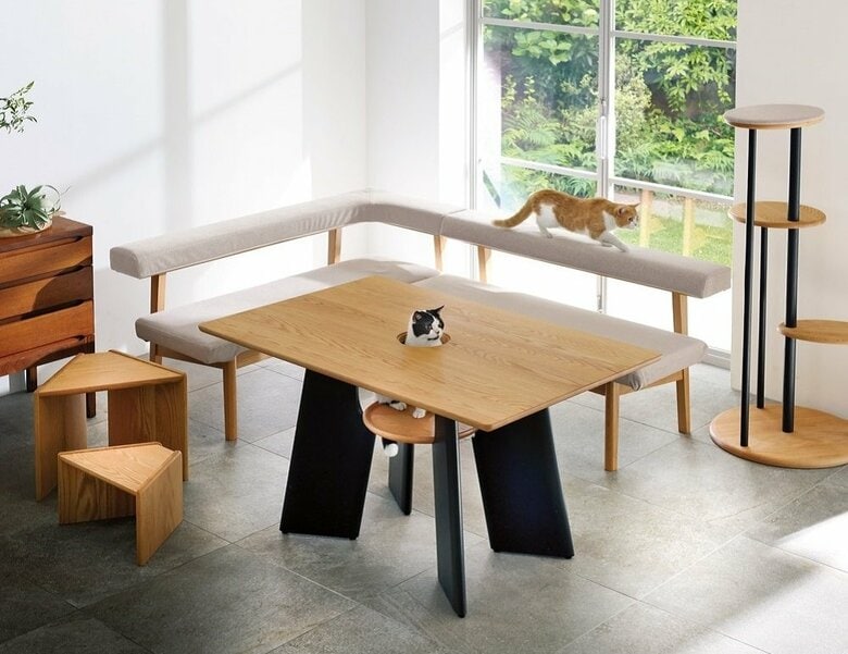 ひょっこり猫が顔を出すテーブル（中央のダイニングテーブル）