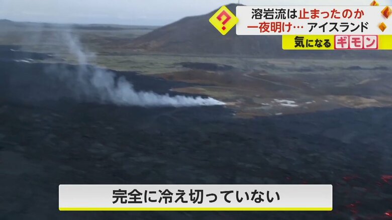 動きが止まった溶岩から立ち昇る煙