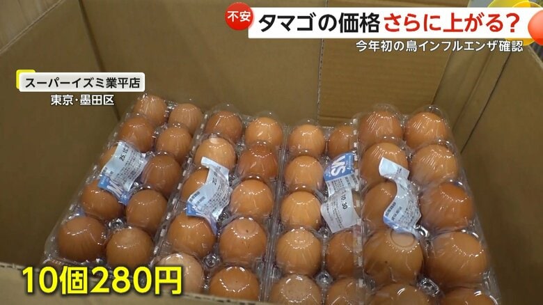 10個280円で売られていたタマゴ（22日、東京・墨田区の「スーパーイズミ業平店」）