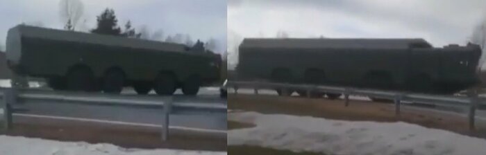 フィンランド方向へ向かうバスチオン対艦・対地巡航ミサイル自走発射機と見られる2両(4月14日・Twitterより)