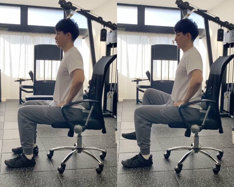 左：骨盤を立てて座る　右：太ももを上げる（提供：計太さん）