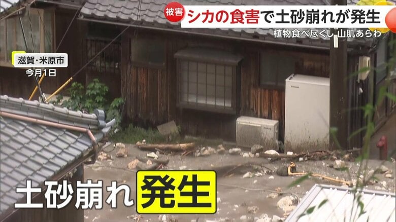 土砂崩れが発生し、住宅や道路に流れ込む被害（1日、滋賀・米原市）