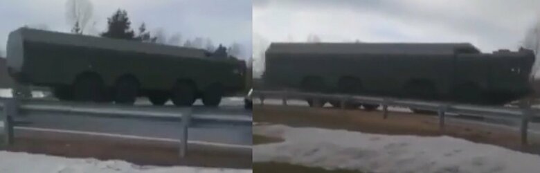 フィンランド方向へ向かうバスチオン対艦・対地巡航ミサイル自走発射機と見られる2両（4月14日・Twitterより）