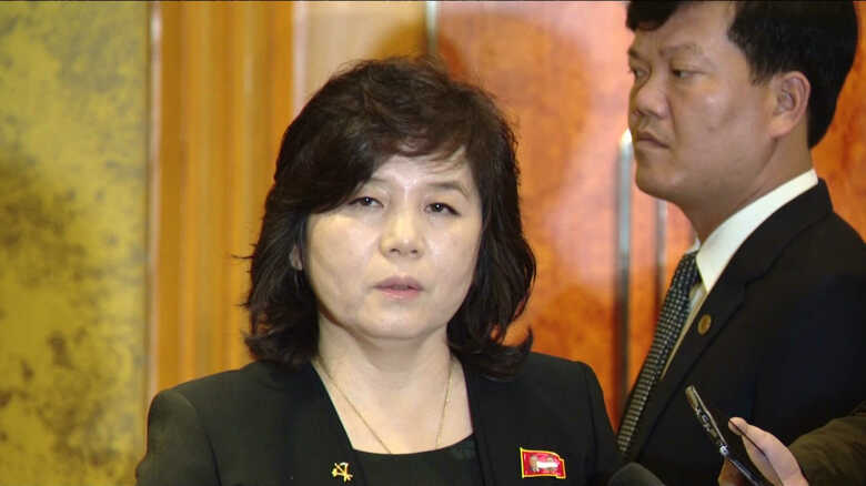 ハノイでの米朝首脳会談決裂後、記者会見する崔善姫第一外務次官