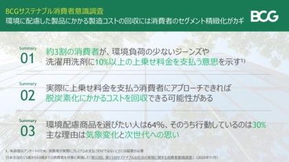 約3割の消費者が環境に良い商品に対し10％の上乗せ料金を支払う意思があると回答～BCG調査