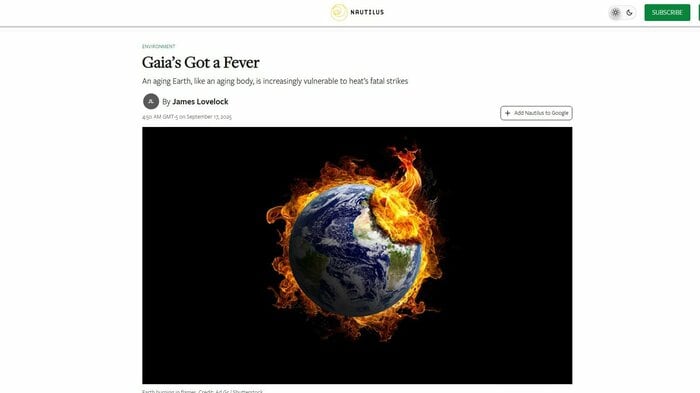ラブロックのエッセーは米科学誌『ノーチラス』にも再掲載された（ノーチラスのHPより）