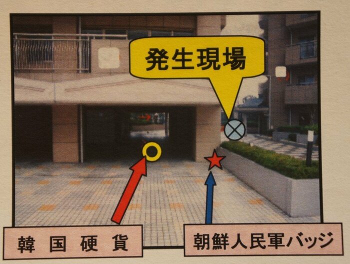 ウォン硬貨と北朝鮮のバッジが発見された場所 捜査資料より