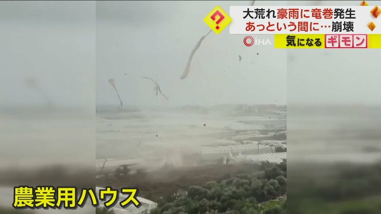 竜巻で吹き飛ばされる農業用ハウス