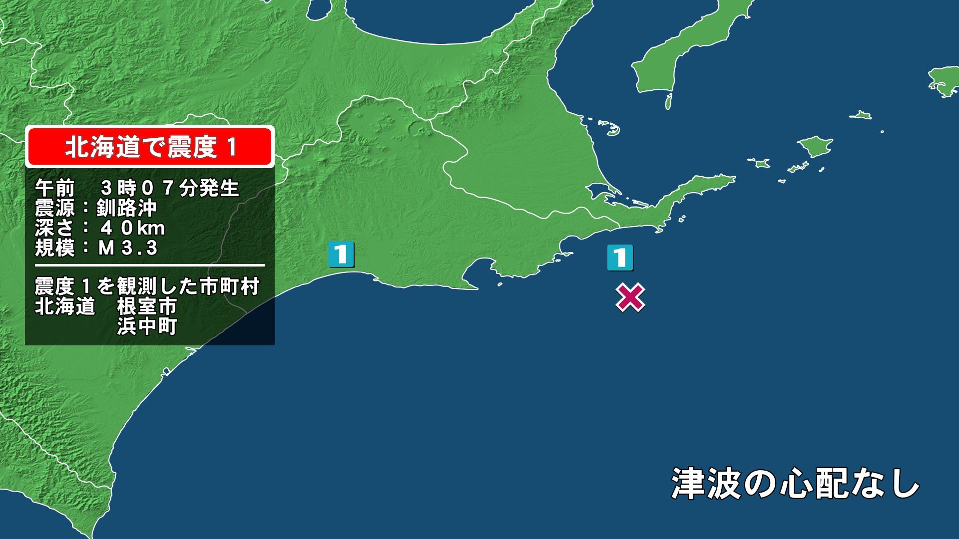 北海道で最大震度1の地震　北海道・浜中町、根室市