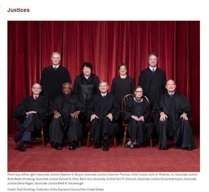 ギンズバーグ氏(前列右から2番目)を含む9人の最高裁判事 ~アメリカ最高裁HPより~