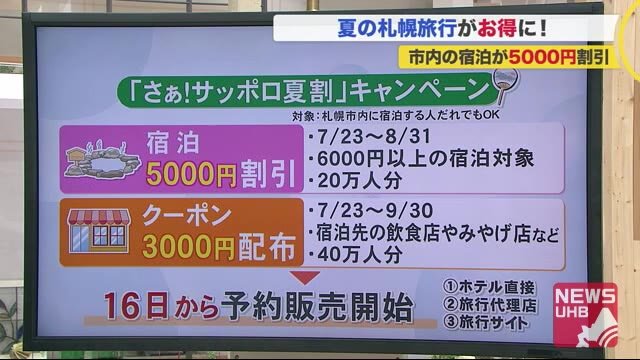 札幌市の“さぁ!サッポロ夏割”16日から受付開始1泊6000円以上で5000円割引!予約は早い者勝ち