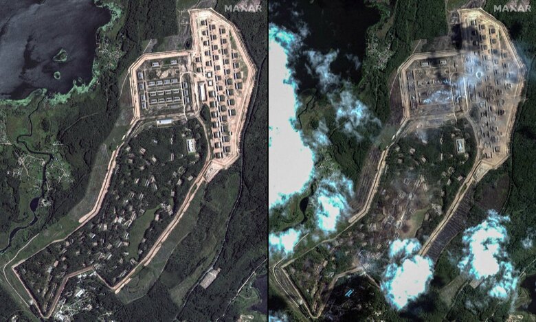 爆発前のトロペツ弾薬庫（左）　ウクライナ軍による大規模ドローン攻撃後（右・18日）