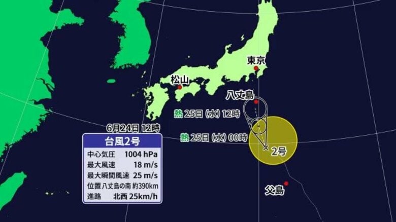 台風２号は関東方面に北上中　２４日夜に熱帯低気圧へ変わる予想　愛媛は雨脚強まる恐れ（２４日正午時点）｜FNNプライムオンライン