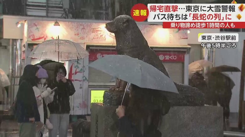 雪で頭が白くなった「ハチ公像」の写真を撮影する外国人観光客の姿が