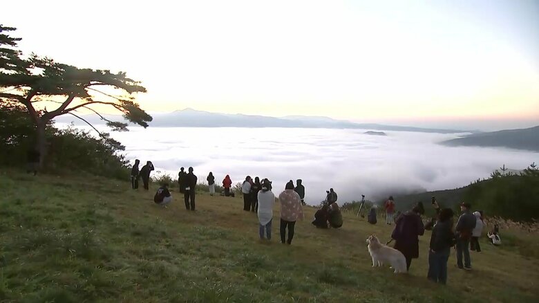 遠野市の雲海に多くの観光客の姿