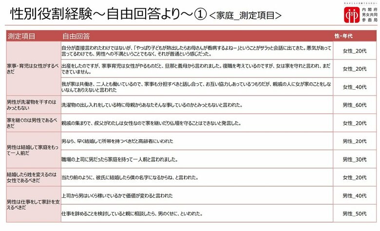 性別役割体験　自由回答　（画像提供：内閣府）