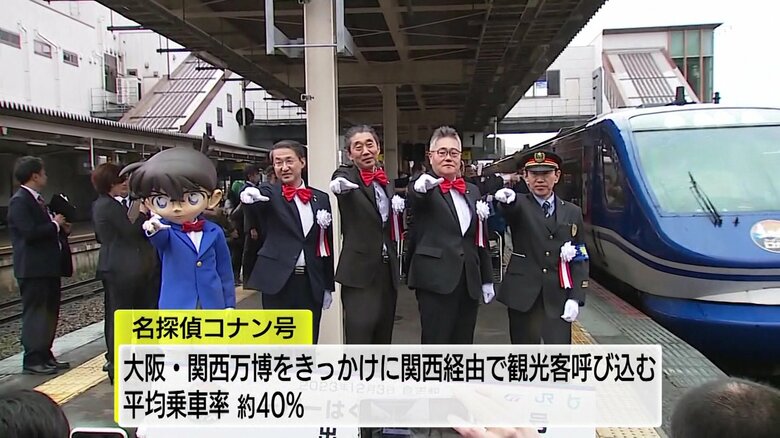出発式に鳥取県の平井知事らと一緒に参加したコナン君